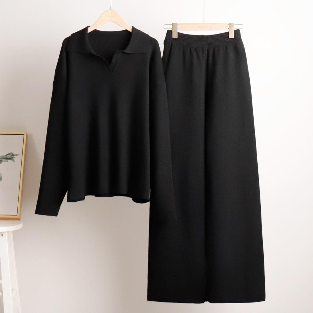 New Fall/Winter Women's Two-Piece Set Polo-Neck Knit Pullover and Wide-Leg Pants