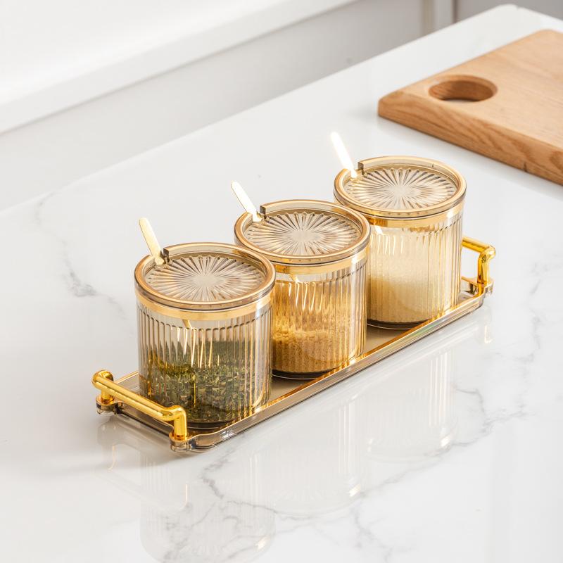 European-style Light Luxury Seasoning Jar Household Kitchen with Lid and Spoon Sub-style Seasoning Jar Plastic Seasoning Box Set