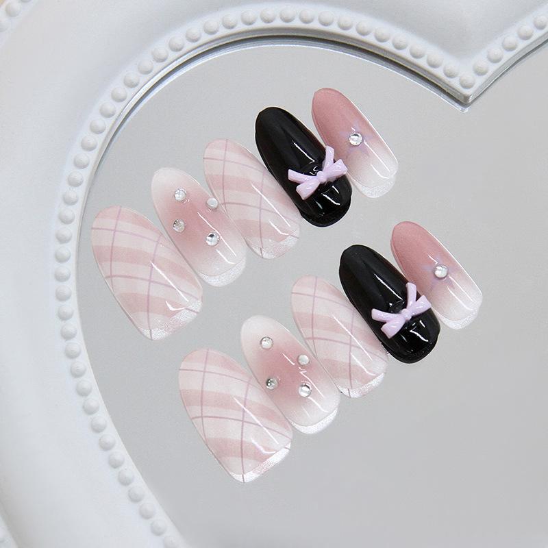 Sweet Pink Bow Blush Glitter Diamond Plaid Girly Versatile Removable Wearable Nails 30 Pieces