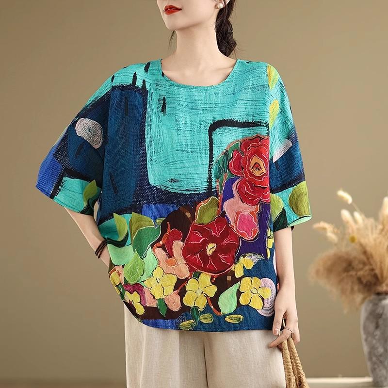 

DIMANAF 2025 Летние Женские Футболки Большого Размера с Принтом Цветочный Элегантный Рукав Летучая Мышь Топы Футболки Свободная Льняная Рубашка One size