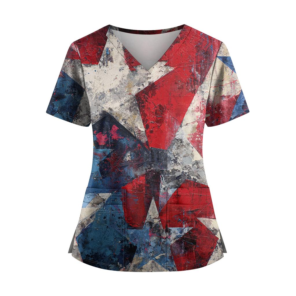 Women's Independence Day Print V-Neck Double Pocket Short Sleeve Uniform with Slit Hem - Caregiver Top