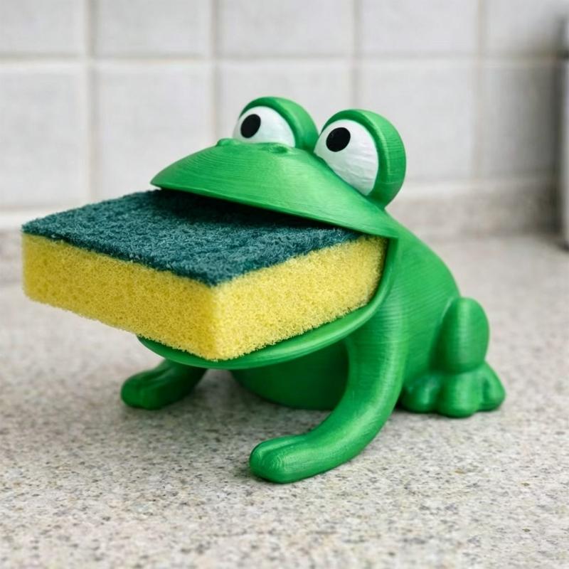Countertop Sponge Stand for Kitchen Use, Green Plastic Holder With Animal Design and Open Storage Compartment for Daily Cleanup Near Sink