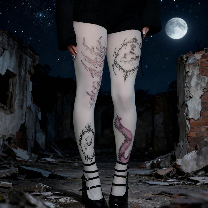 Whimsy Cute Printed Opaque Tights Stockings for Women Japanese Elegant Gothic Grunge Patterned White Pantyhose Leggings