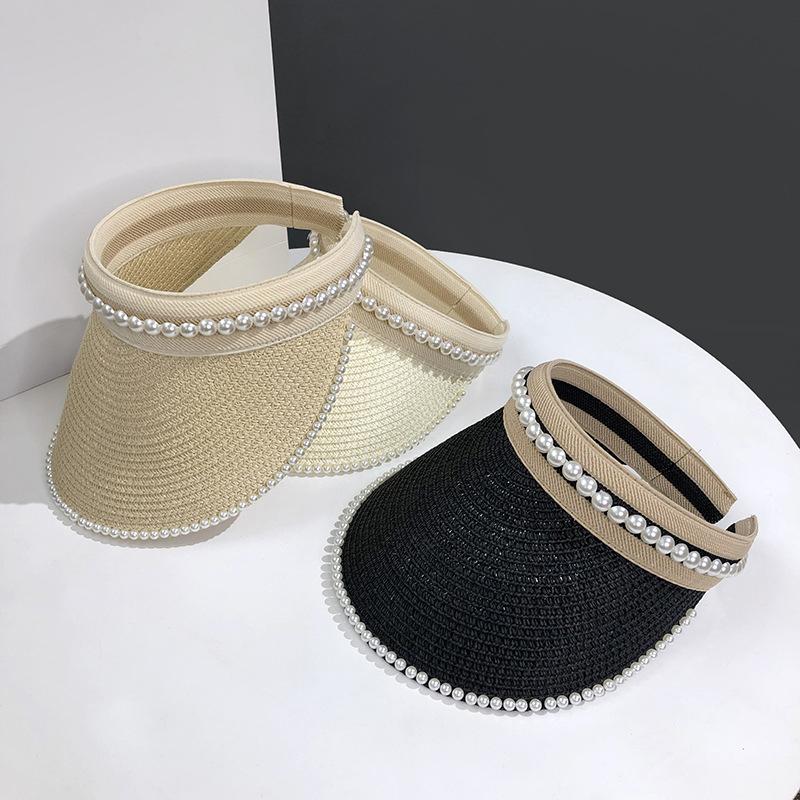 Women'S Summer New Fresh Beach Hat With Pearls Open Top Sun Hat Fashionable Raffia Straw Hat