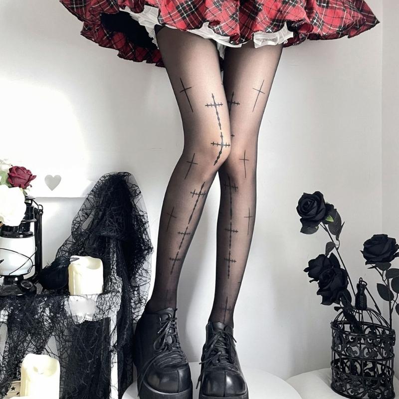 Gothic Style Mesh Tights With Edgy Crosses Motif Breathable Nylon For Women