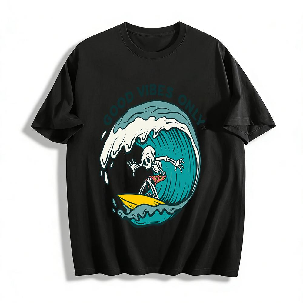 Good Vibes Only Skeleton Surf Graphic Tee Casual Vacation Top Pure cotton T-shirt XXS