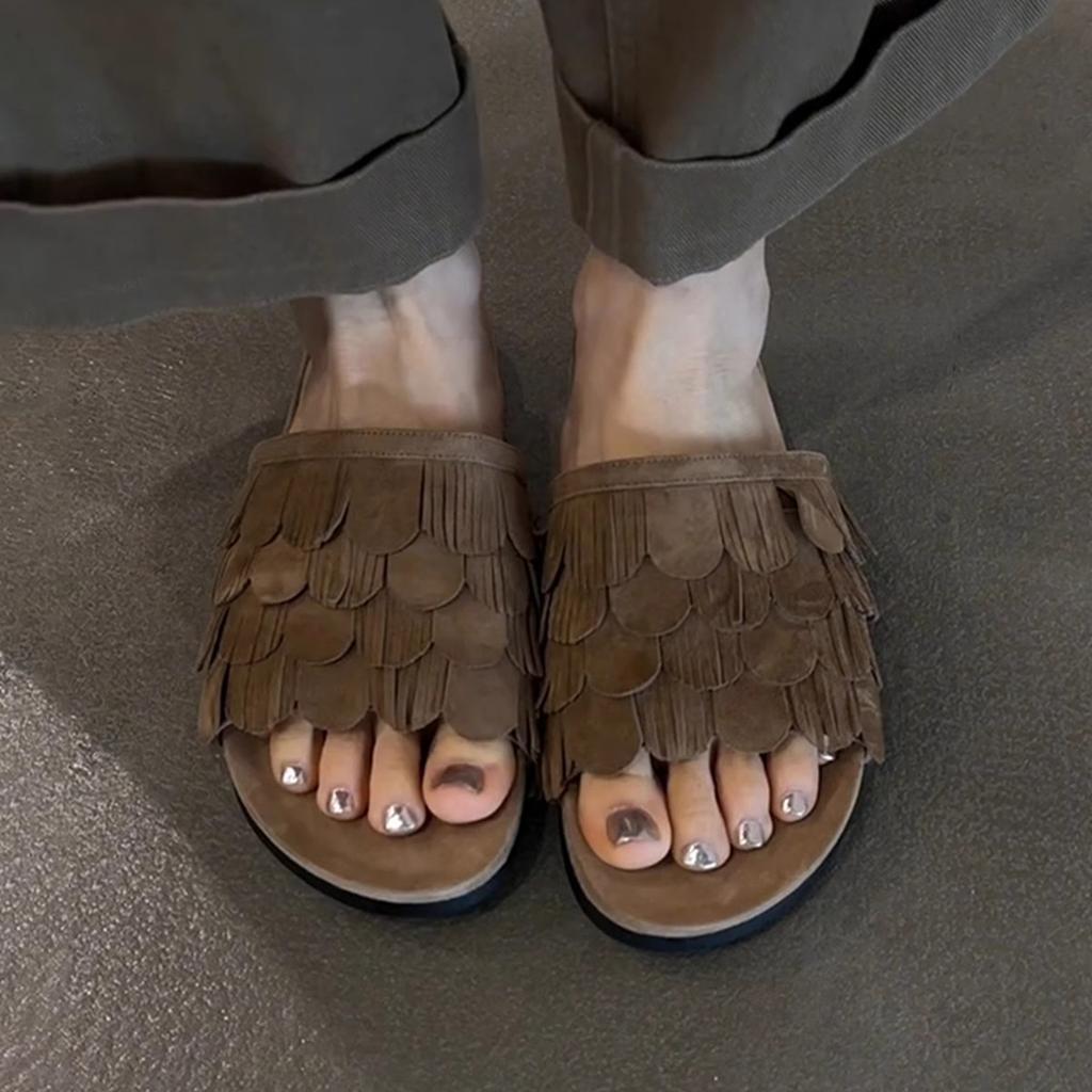 Sheepskin Version~ Old Money Style Retro Fashion Platform Beach Shoes Women's Tassel Flat Bottom Round Head Open Toe Cool Slippers