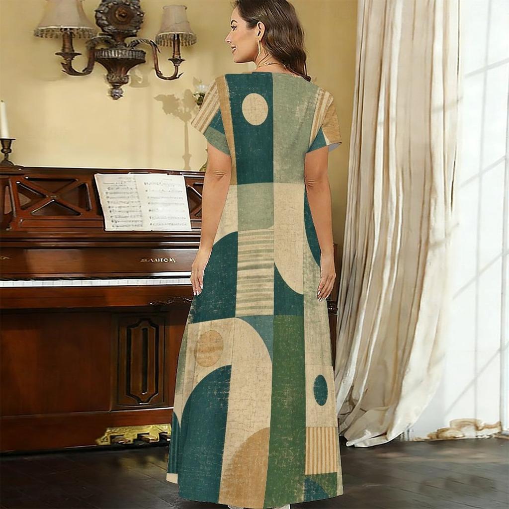 Women Plus Size V Neck Short Sleeve Printed Straight Long Dress Green Khaki