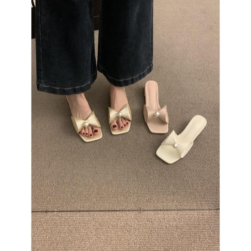 Pearl bow thick heel cool slippers women's summer wear fashion flat women's shoes one-word slippers 2025 summer new