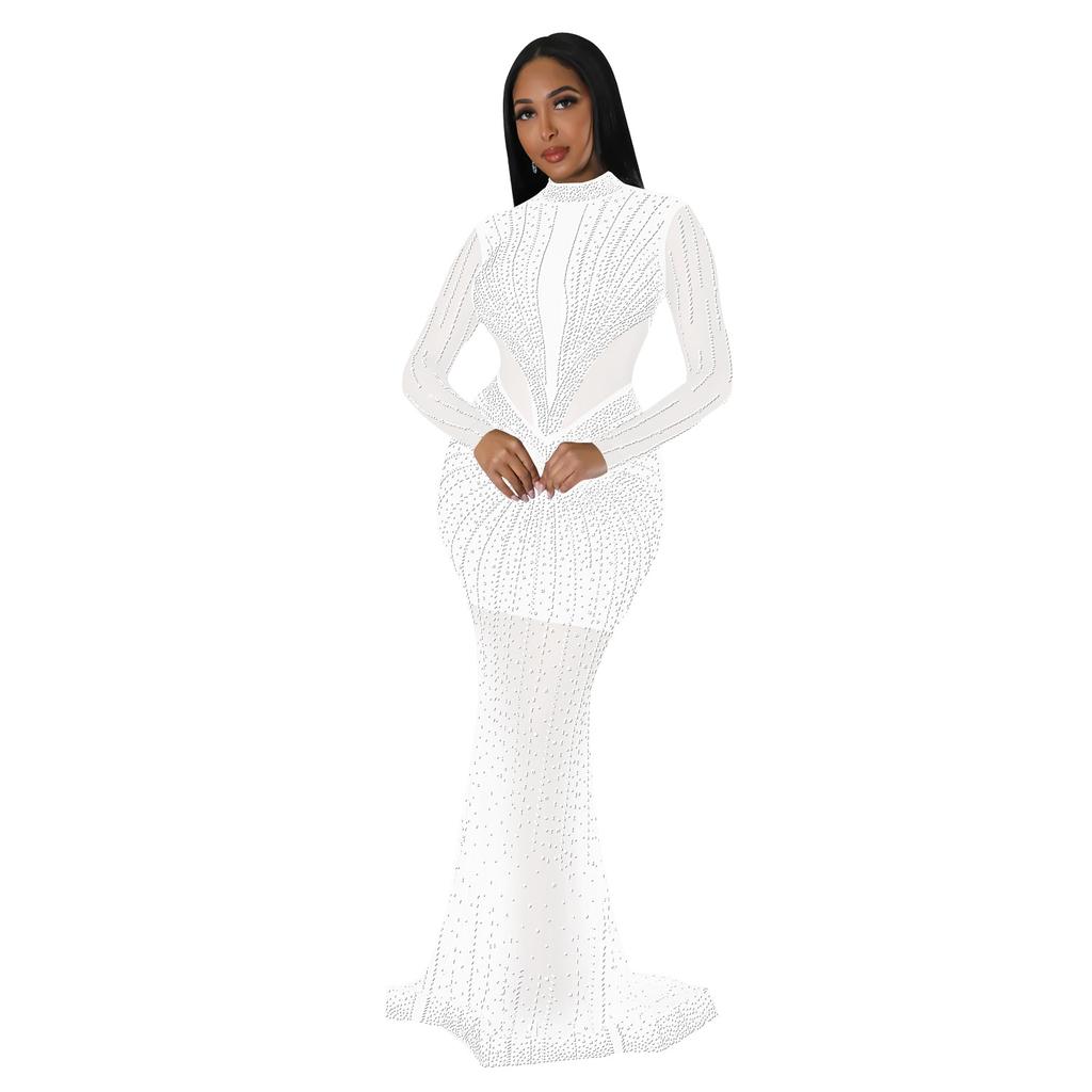 Fashion Women's Dress Solid Colour Mesh Drill Long Sleeve Long Dress