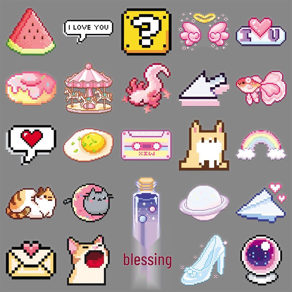 50 Sheets Pixel Style Cartoon Stickers for Journals, DIY, Refrigerators, Stationery, and Earphones