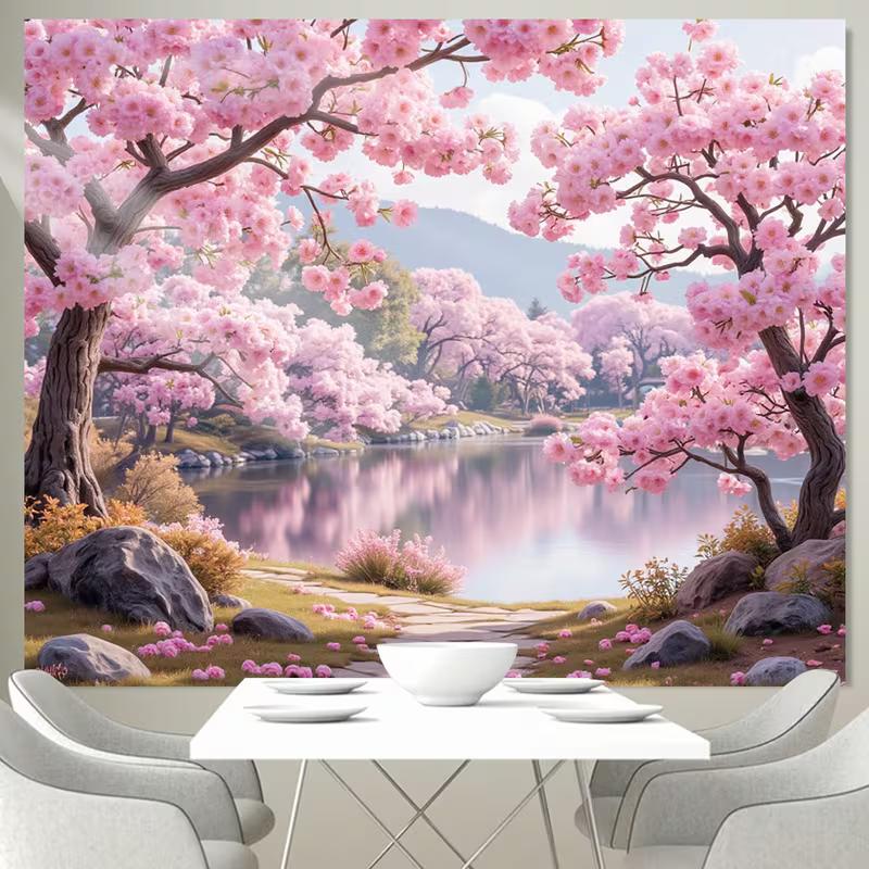 Tapisserie Lac aux Fleurs de Cerisier Style Asiatique 2D Arbre Sakura Rose Romantique Art Mural pour Décoration de Chambre Esthétique et Toile de Fond de Fête