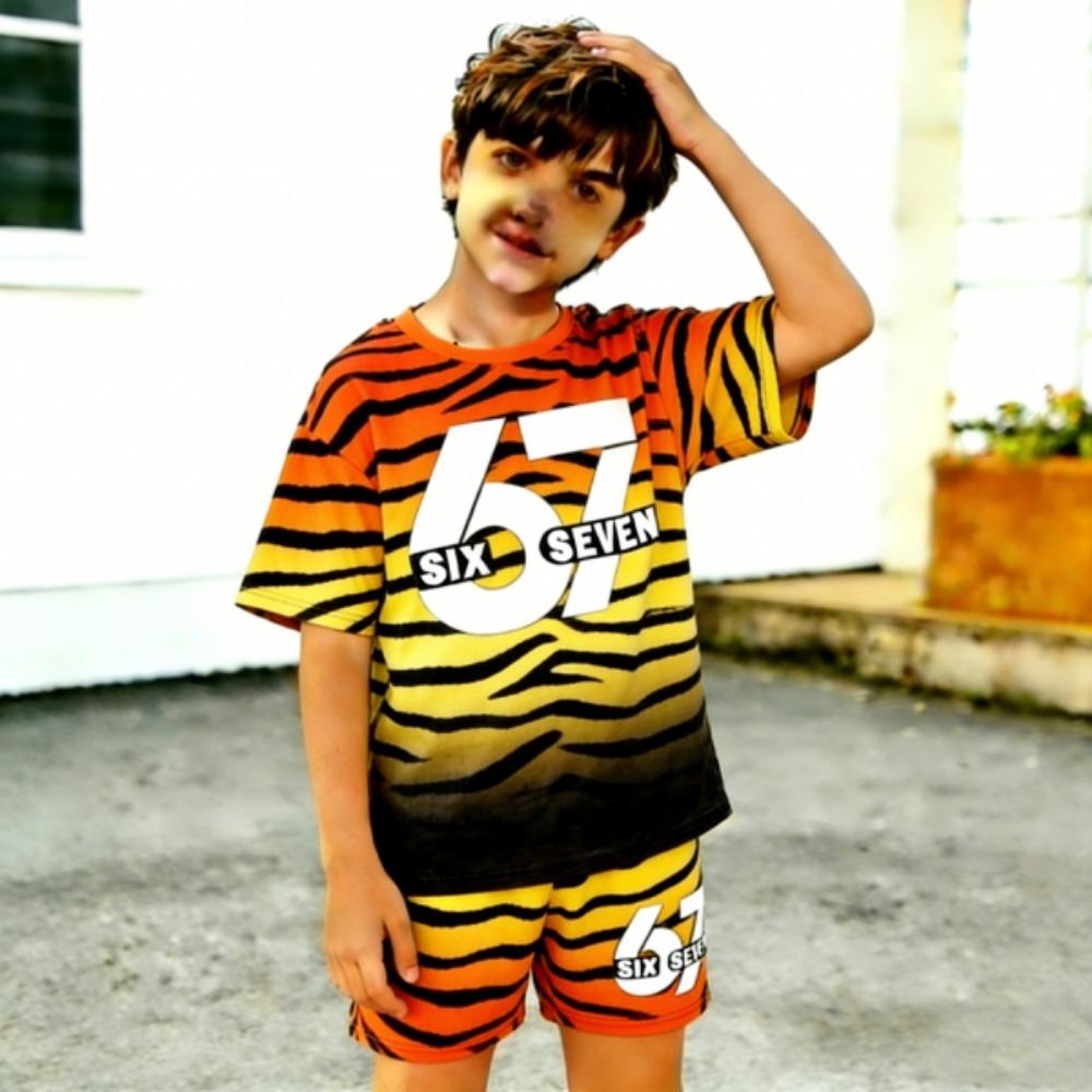 Kids Clothing Top Gradient Zebra Color 67 Printed Kids T-shirt and Shorts 2 Piece Set Summer Casual Outfit for Boy's and Girl's