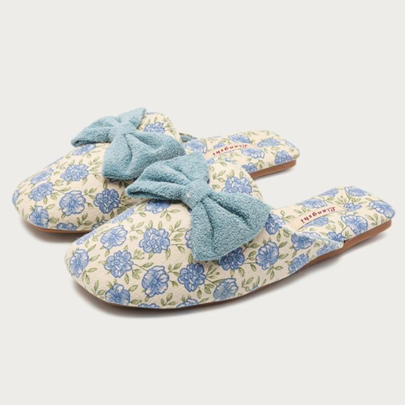 Fashion Sweet Bow Decorative Design Flat Slippers Women Winter Warm Fluffy Home Cotton Slippers Comfortable Lightweight Non-slip Slipper