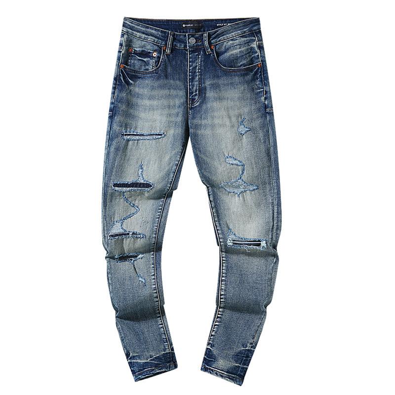 Blue Ripped Jeans High Street Casual Pants