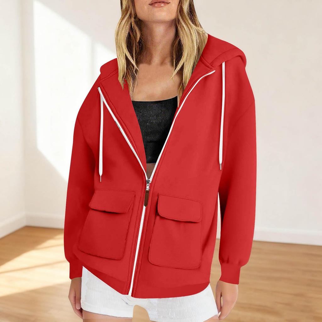 Women's Fashionable Solid Color Long Sleeved Casual Zipper Pocket Hooded Sweatshirt Jacket