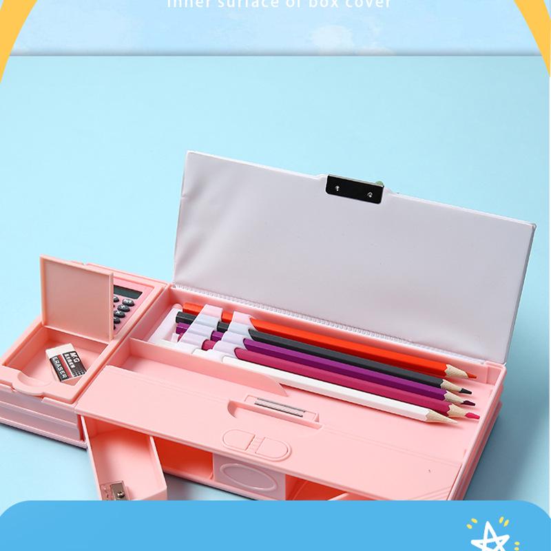Multifunctional Calculator Pencil Case: Large Capacity Plastic Stationery Box for Primary School Students