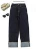 Okayama Selvedge Denim Jeans, Red Trim, Original Color, Dark Blue Cuffed Hem, Straight Leg, Slim Fit, Classic Retro Style.