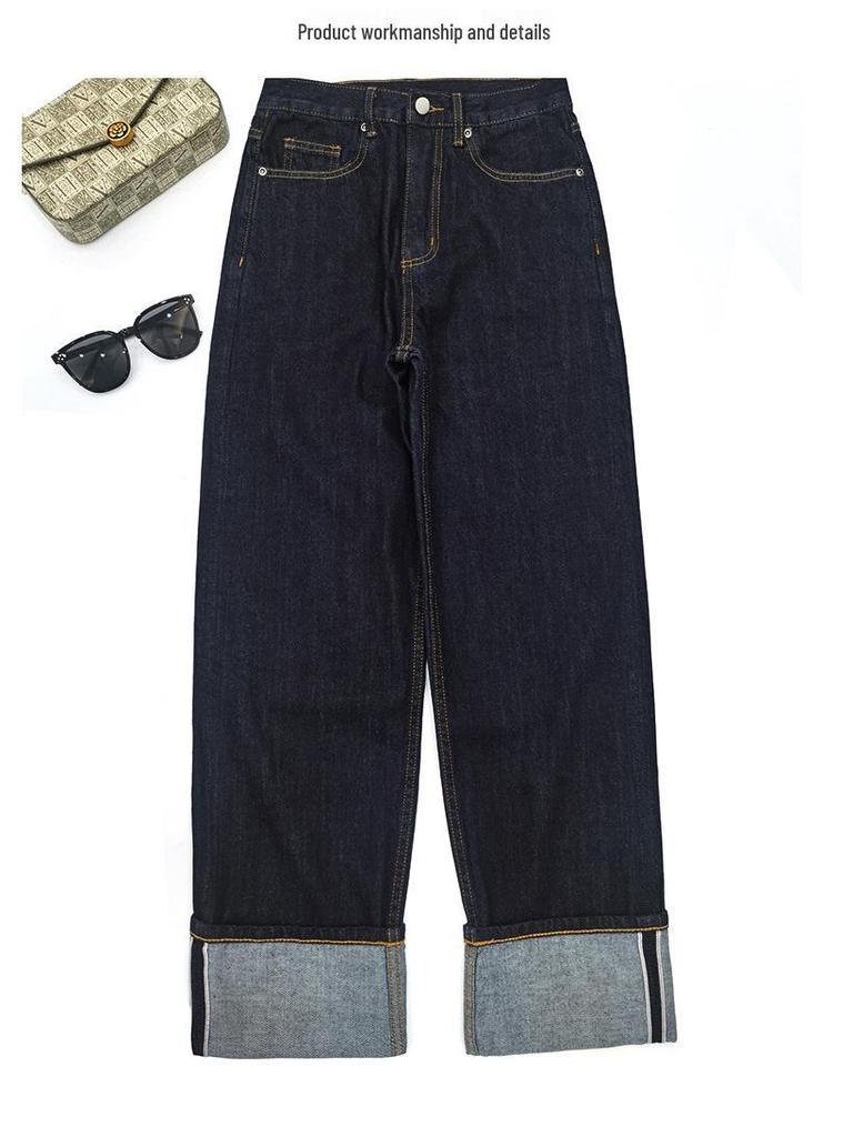Okayama Selvedge Denim Jeans, Red Trim, Original Color, Dark Blue Cuffed Hem, Straight Leg, Slim Fit, Classic Retro Style.
