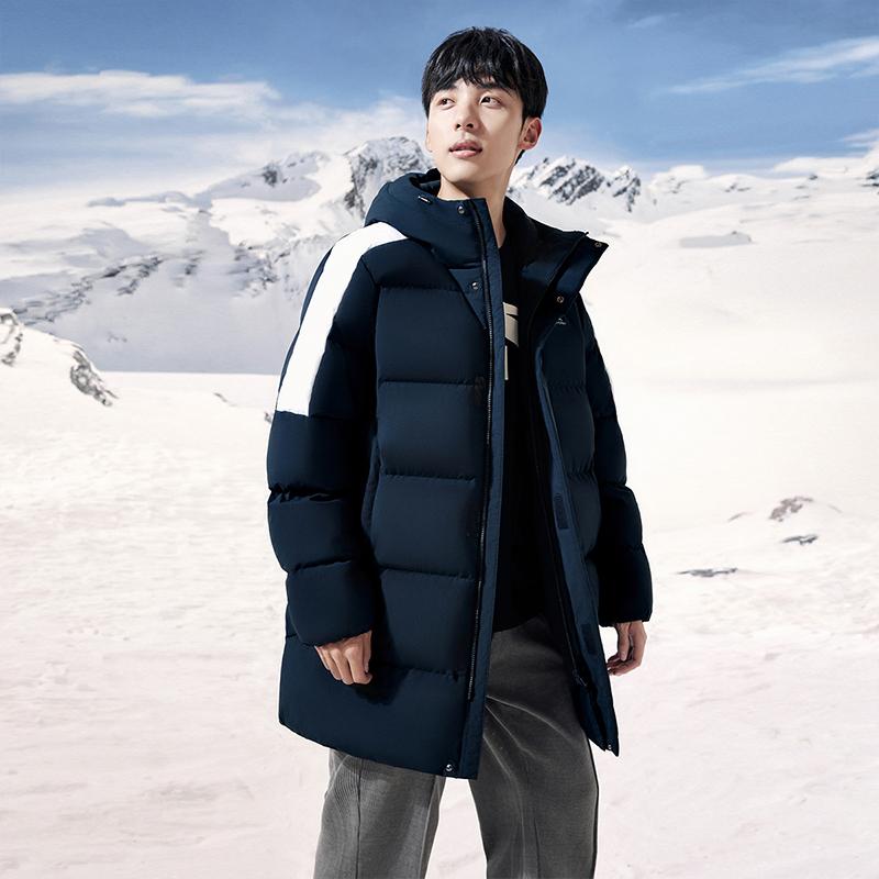 Anta Champion All-Weather Series Color Block Zipper Hooded Mid-Length Four-Proof Long Sleeve Snow Shell Down Jacket Men Outerwear 952347908-4