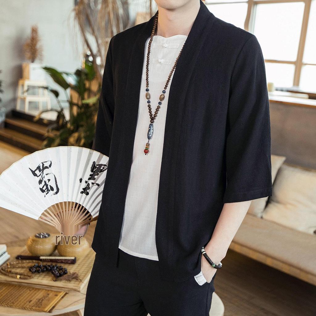 Men's Chinese Style Linen Hanfu Cardigan - Loose Fit, Plus Size, Casual Three-Quarter Sleeve Shirt