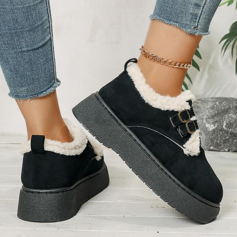Thick Sole Plush Winter Cotton Shoes Women Fashion Buckle Non Slip Platform Snow Boots Woman Warm Fleece Lining Ankle Boots 42