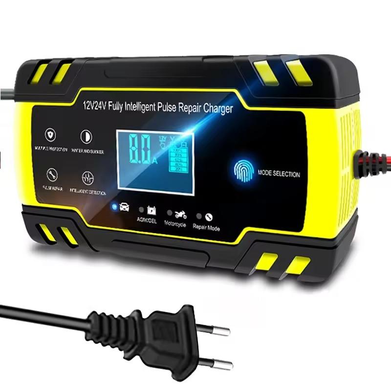 Car Battery Charger 12V 24V Pulse Repair LCD Display Smart Fast Charge AGM Deep Cycle GEL Lead-Acid Charger For Auto Motorcycle