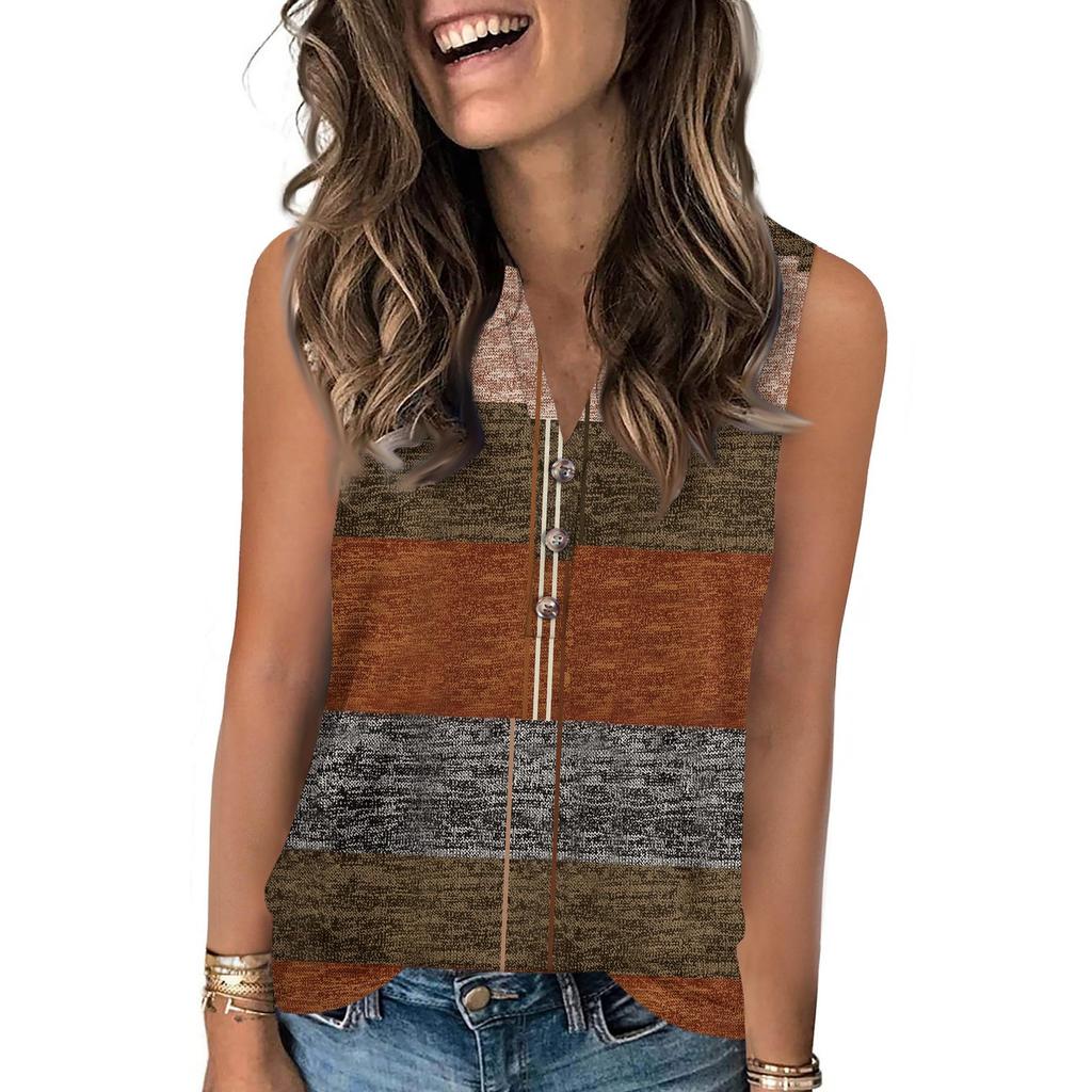 Women's Casual Fashion Summer Color Block Stitched Print Tank Top V-neck Sleeveless Button Top