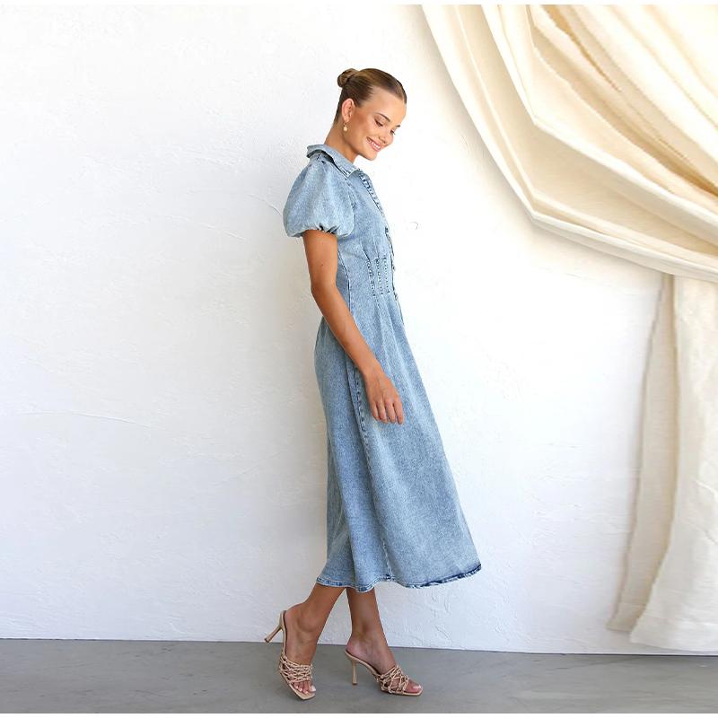 2025 Spring and Summer Puff Sleeve Short-sleeved Distressed Casual Style Shirt Denim Long Dress Single-breasted Waist Denim Long Skirt Retro