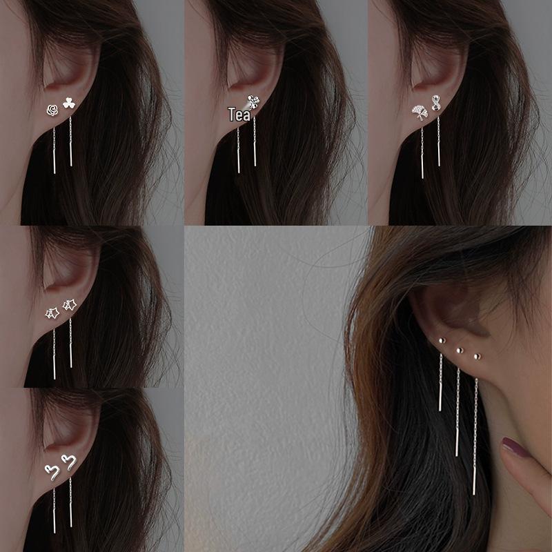 Brincos Redondos de Contas de Feijão: Estilo Curto Fashion com Corrente de Franja de Coração e Estrela