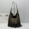 Womens Tassel Tote Bag Large Shoulder Bucket Vintage Top Grainsuede LeatherWomens