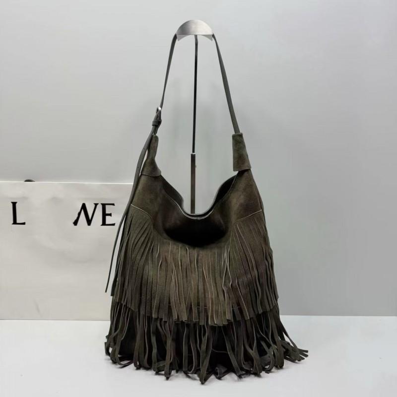 Womens Tassel Tote Bag Large Shoulder Bucket Vintage Top Grainsuede LeatherWomens