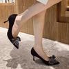 Bow Rhinestone Black High Heels Women's Thin Heels Spring and Autumn with Skirt Sexy Pointed Temperament Single Shoes
