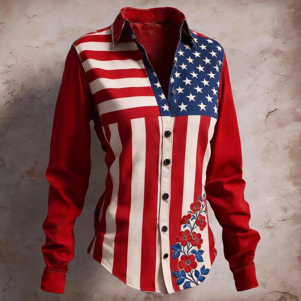 Camisa de mujer Blusa estampada Botones Manga larga Casual Camisa básica Cuello regular