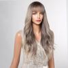Long Wavy Synthetic Wig with Bangs Ombre Gray Brown Highlight Hair Cosplay Daily Natural Wig for Women Heat Resistant Fiber Wig