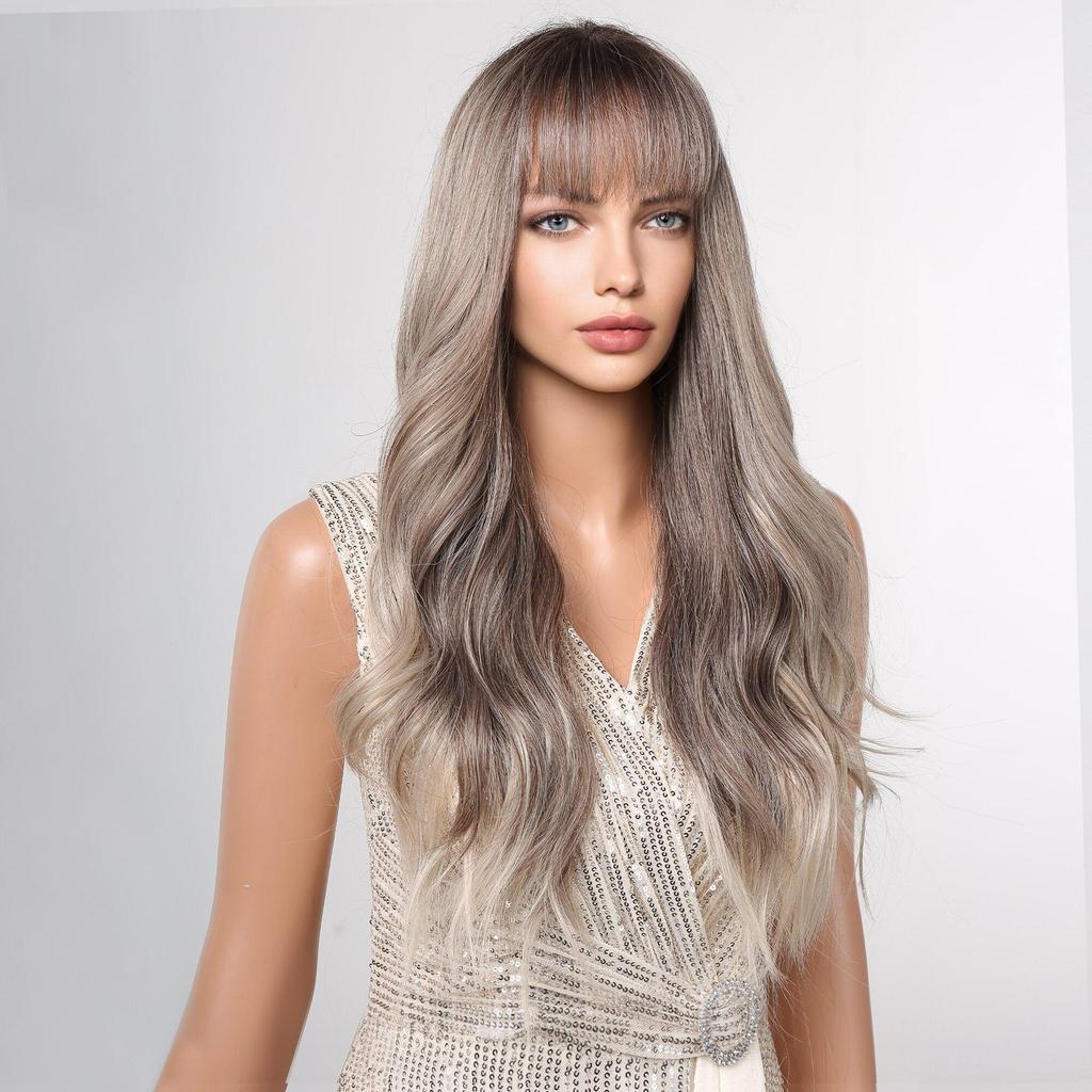 Long Wavy Synthetic Wig with Bangs Ombre Gray Brown Highlight Hair Cosplay Daily Natural Wig for Women Heat Resistant Fiber Wig