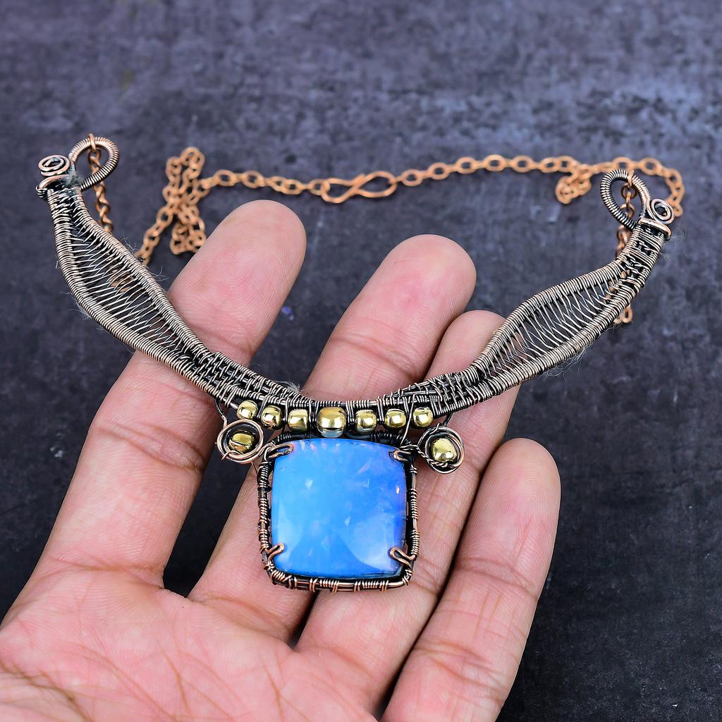 Blue Triplet Opal Gemstone Handmade Copper Wire Wrap Jewelry Necklace 18" ET-4959