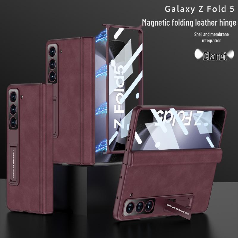 Samsung Z Fold5 Leather Case: Magnetic Hinge, Full Coverage, Stand, Cross-Border Protection