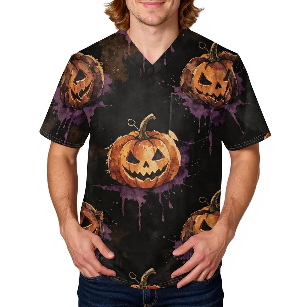 Men's Halloween Printed Medical Scrub Top V Neck with Tie and Pockets Comfortable Fit Daily Workwear for Healthcare Professionals