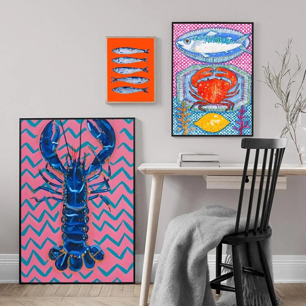Kolorowe Sardynki Homary Zwierzęta Morskie Druki na Płótnie Retro Niebieska Ryba Plakaty Wall Art do Nowoczesnego Salonu Baru Dekoracja Domu