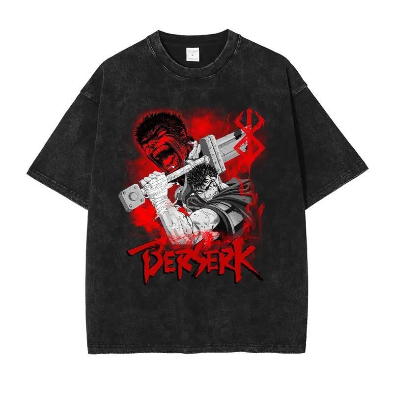 Japan Anime Berserk Graphic Washed TShirt Men Manga Cotton Tshirts Casual Vintage Gothic T Shirt Harajuku Male Street T-shirt