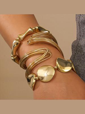Geometric Twisted Lines Irregular Shaped Open Cuff Bracelet and Bangle Set for Women Punk Exaggerated Style Able Accessor