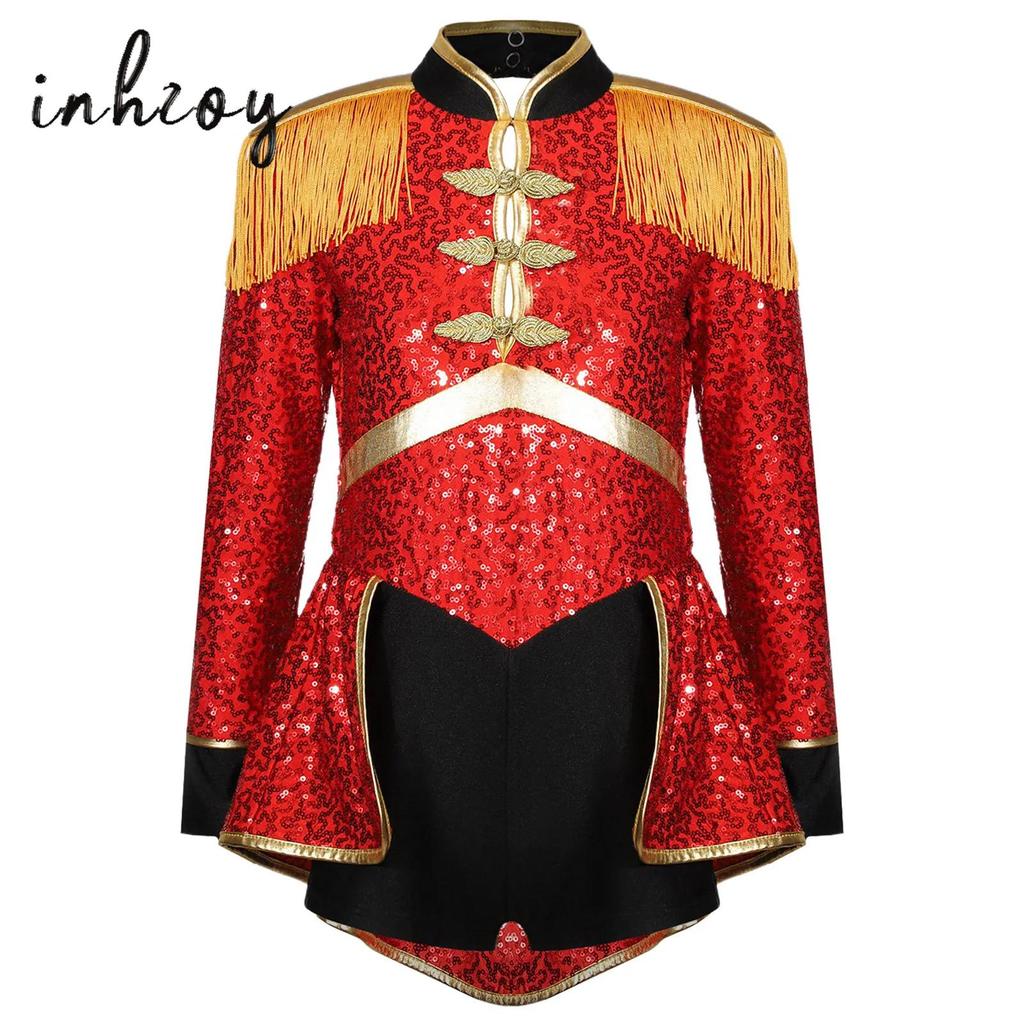 Girls Circus Ringmaster Costume Long Sleeve Shiny Sequins Dress Jumpsuit Halloween Party Fancy Cosplay Outfits Ballet Dancewear