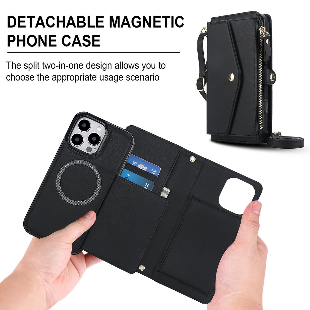 For iPhone 16 Pro Max Wallet Case Magnetic Detachable PU Leather Phone Cover with 2 Straps