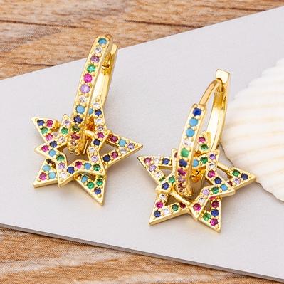 Nidin New Charm Colorful Color Double Layer Star Earrings Copper Cubic Zircon Hoop Earrings For Women Best Party Wedding Gift