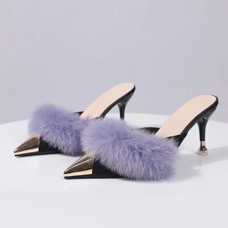 Fashion Sense of Design Niche Wearing Slippers for Women Winter Thin Mid-heel Pointed-toe High-heeled Shoes with Baotou Half-drag