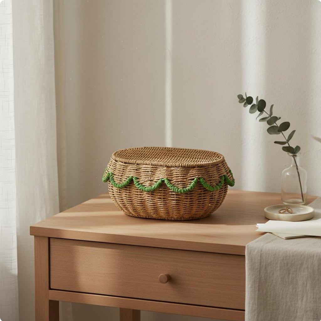 Woven Basket with Lid Materials Handmade Wicker Design Handwoven Oval Paper Rope Storage Box