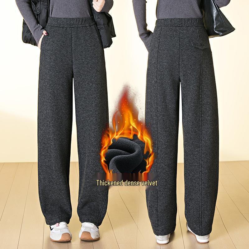 

Women s Winter Wide-Leg Wool Pants - Velvet Lined, Elastic Waist, Slim Fit, Casual & Warm XL черный серый