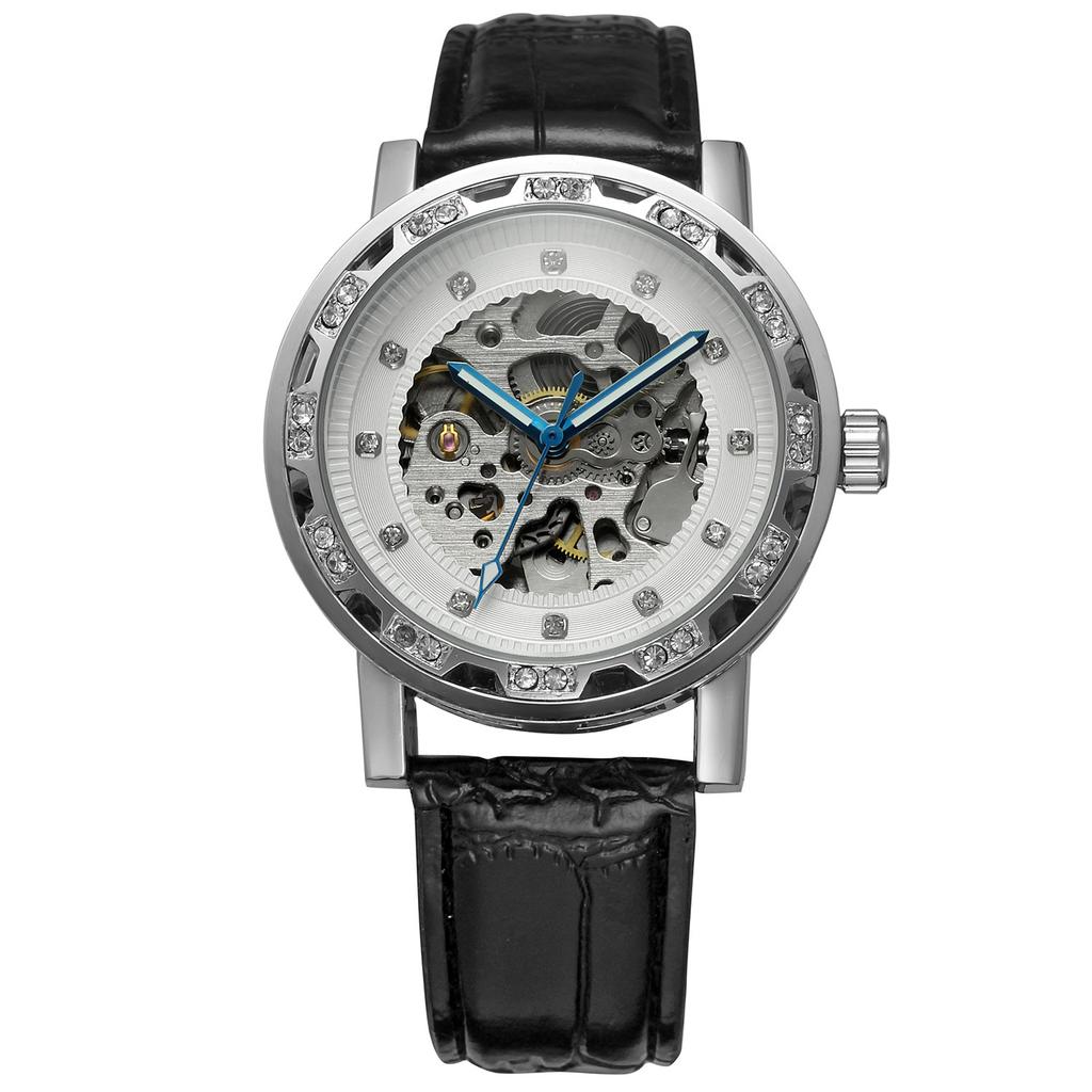 Forsining Three-Pin Automatic Hollow Double Rhinestone Gear Back Through Men'S And Women'S Leisure Mechanical Belt Watch D121