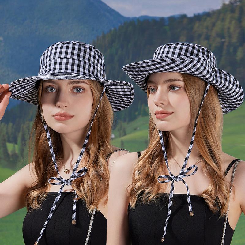 Frühling Sommer Hut mit breiter Krempe für Outdoor-Bergsteigen Karierter Fischerhut mit Schnürung Sonnenschutzhut für Damen
